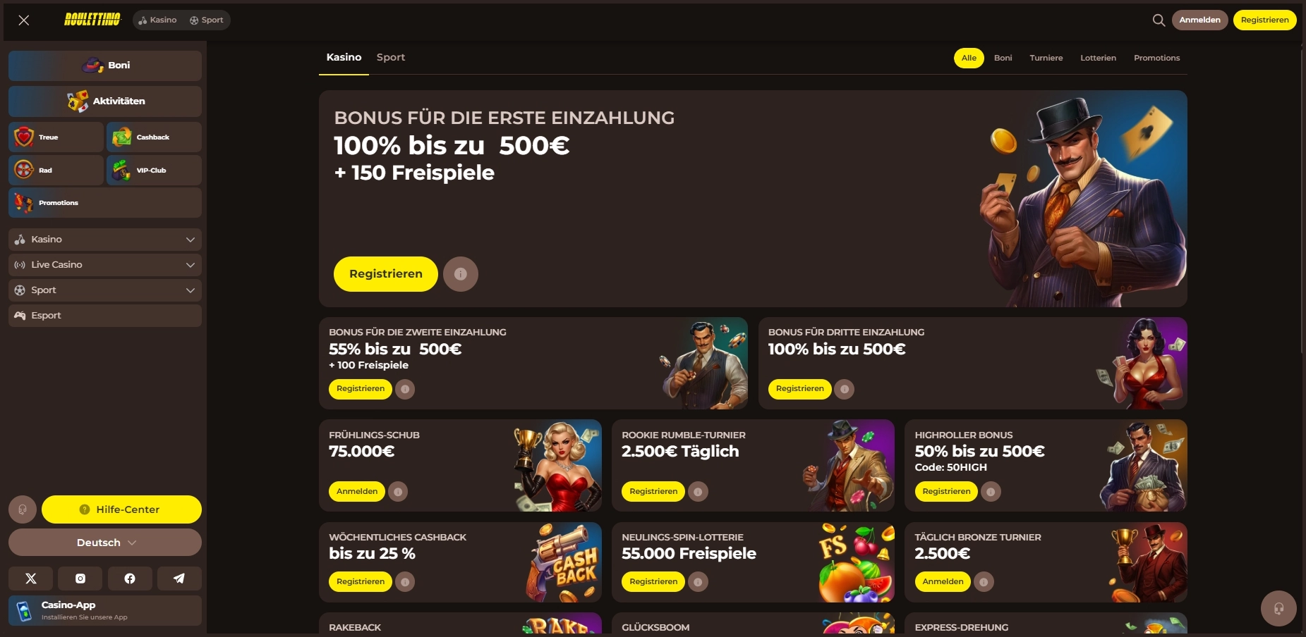 Roulettino Casino Aktionen und Boni – Übersicht über Willkommensbonus, Freispiele und aktuelle Promotionen für Spieler.