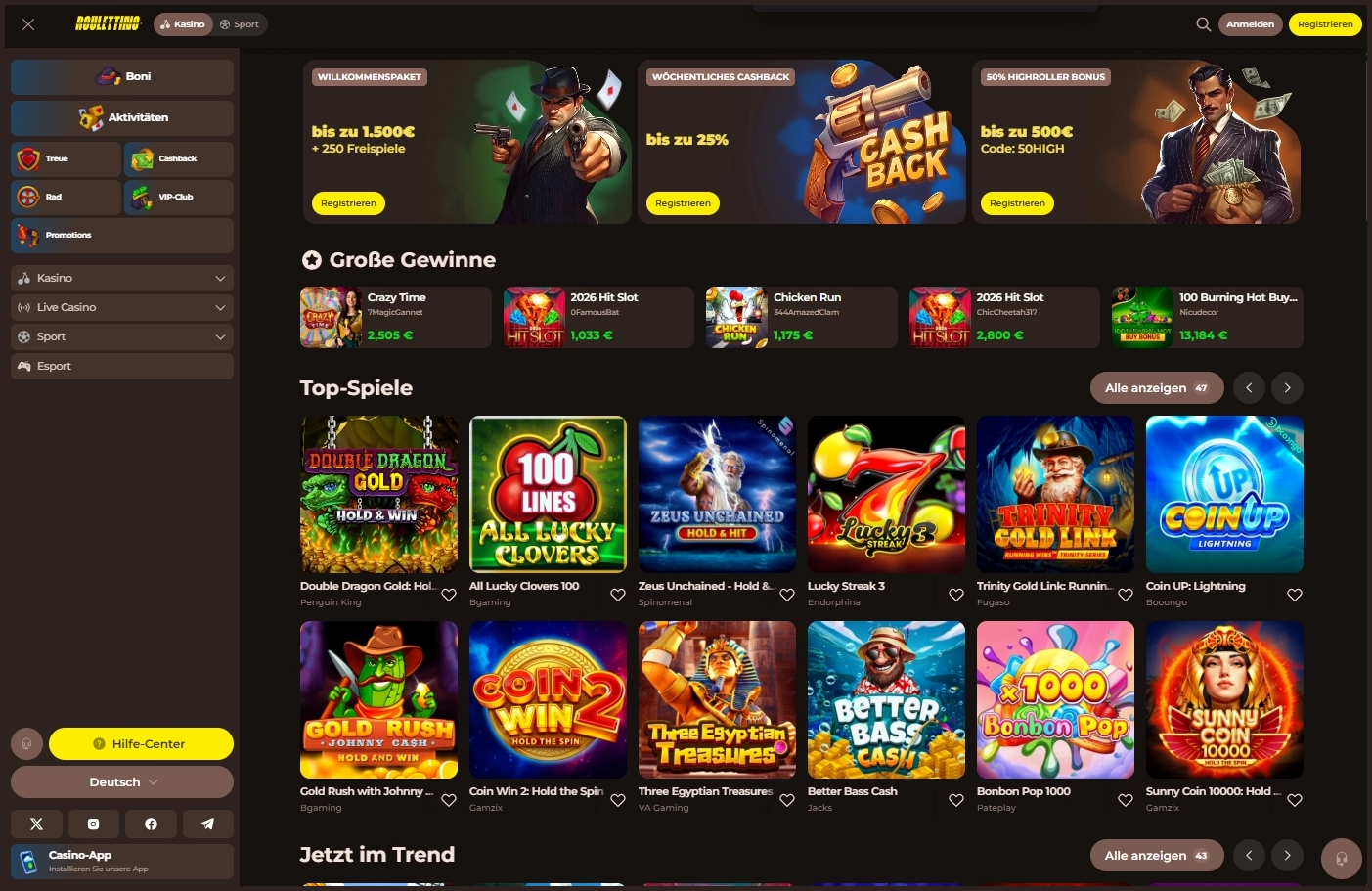 Übersicht der Roulettino Casino-Hauptseite