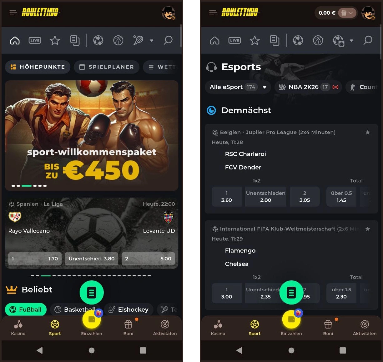 Sportwetten vor dem Spiel im Roulettino Casino – Übersicht der Pre-Match-Wetten und verfügbaren Wettmärkte.